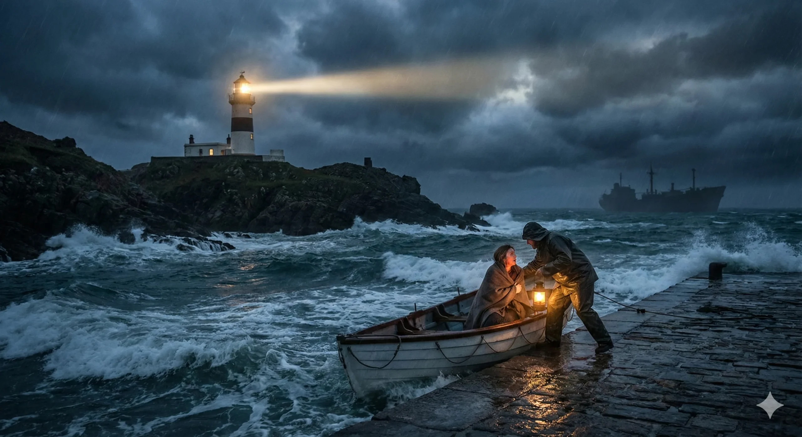 Storm at sea with lighthouse beam cutting through darkness and someone being pulled to safety - Rescue Romance trope