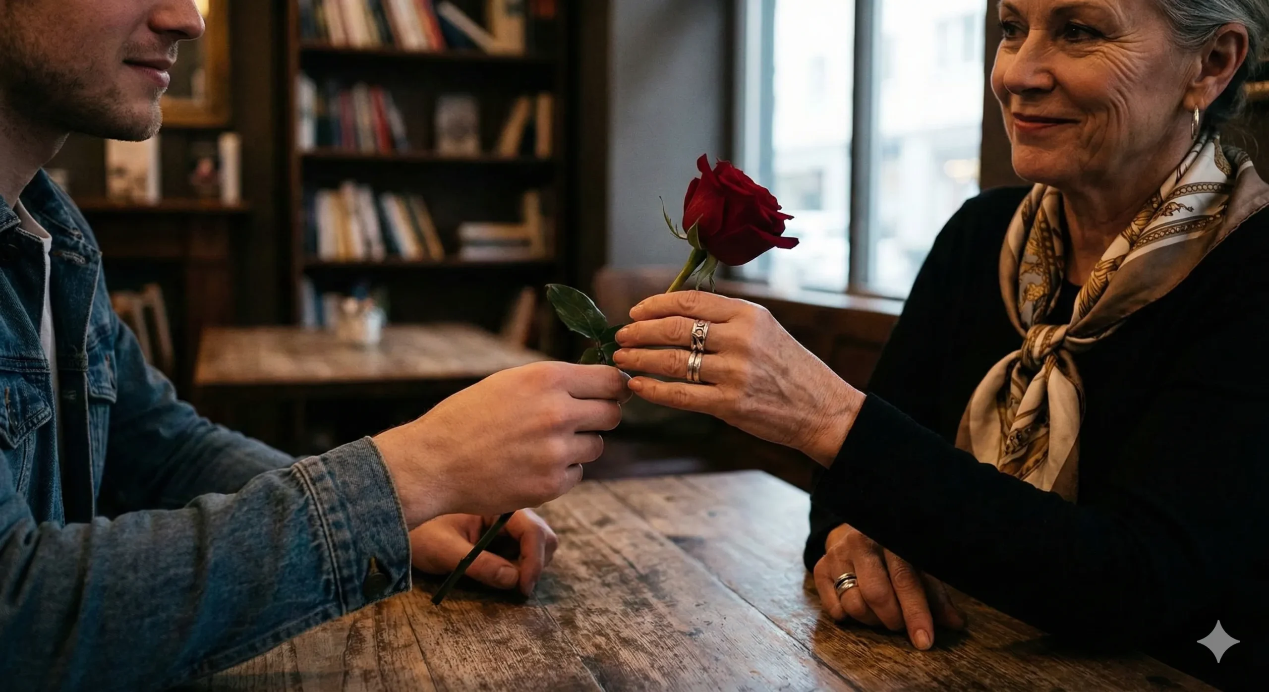 Younger man's hand offering older woman a rose with role reversal energy - Reverse Age Gap romance trope