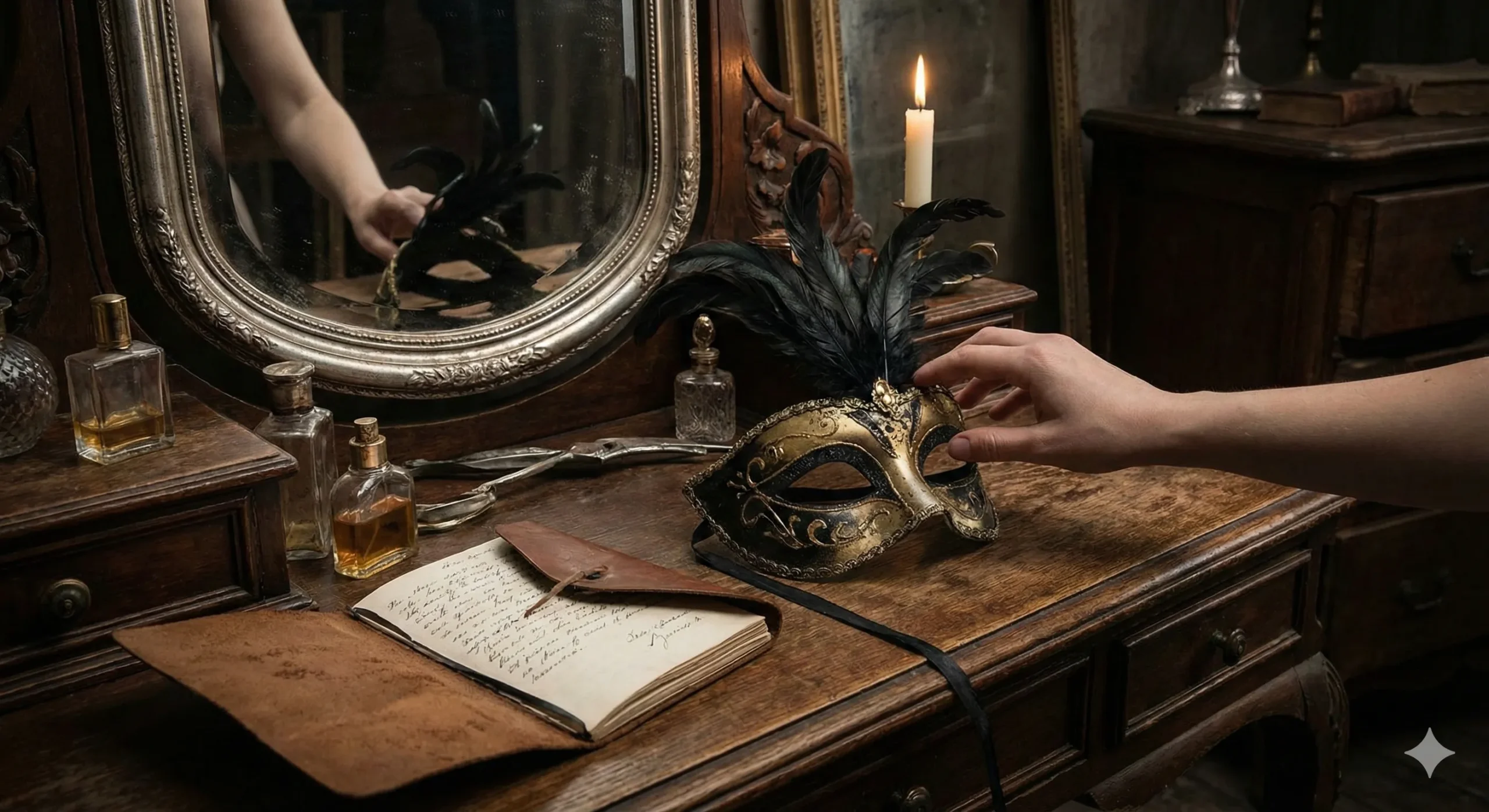 Masquerade mask on vanity table with double life energy and secrets atmosphere - Secret Identity romance trope