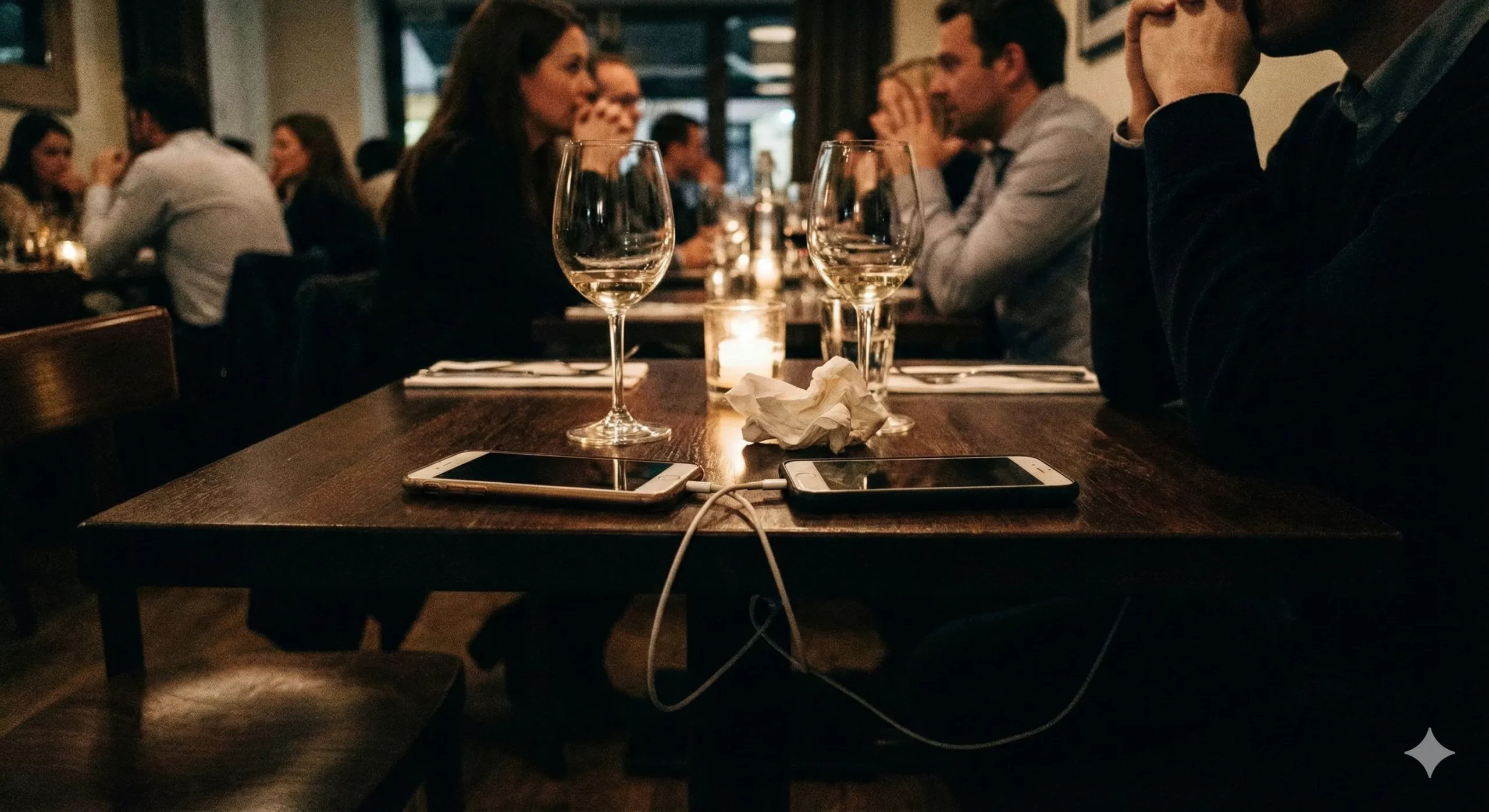 Two phones face down on restaurant table showing hidden connection and forbidden love - Secret Relationship romance trope