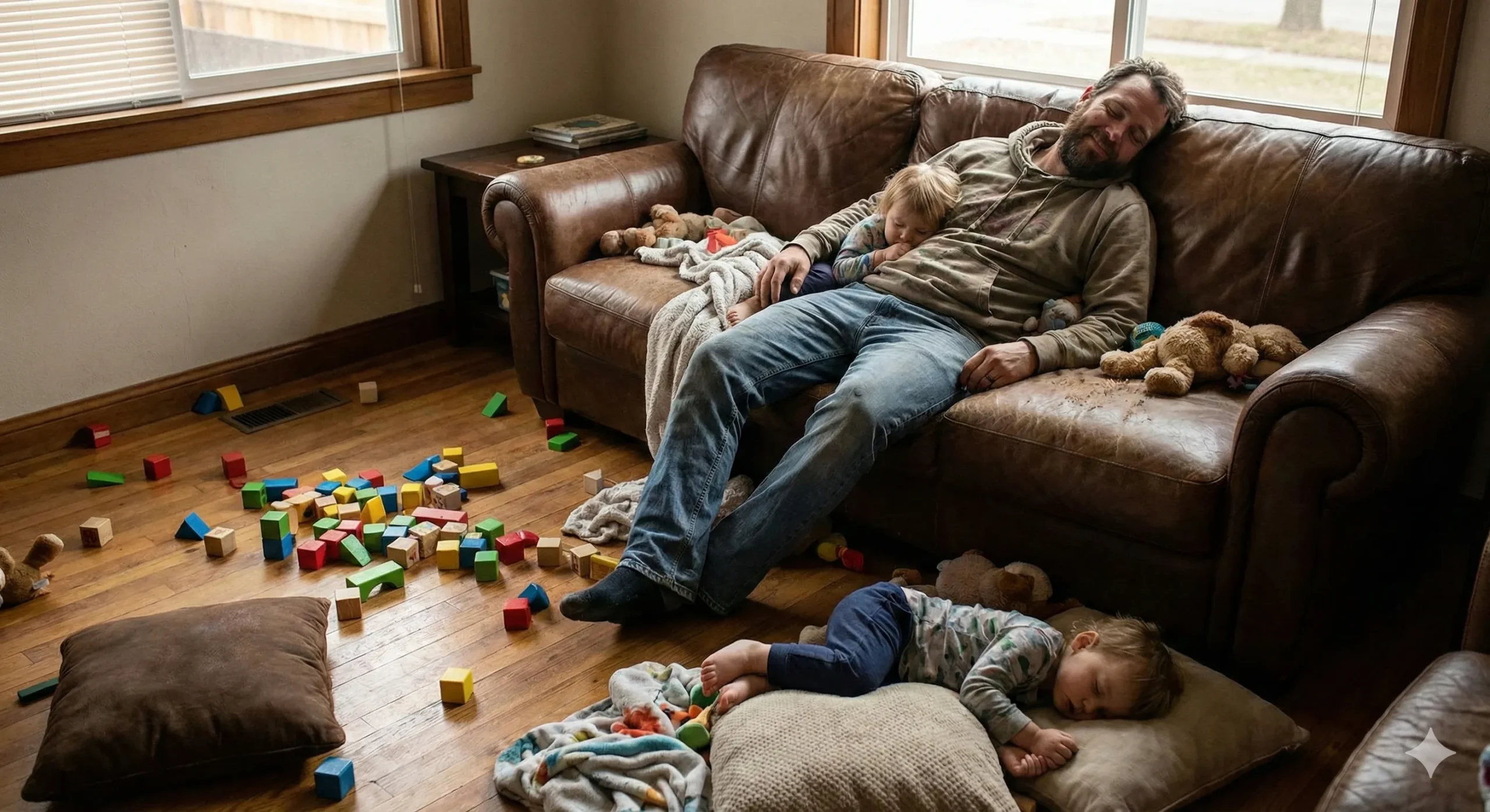Toy scattered living room with exhausted father on couch showing love and found family potential - Single Dad romance trope