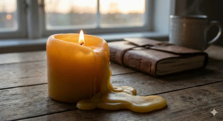 Candle burning low with wax pooled around flame showing patience and anticipation - Slow Burn romance trope
