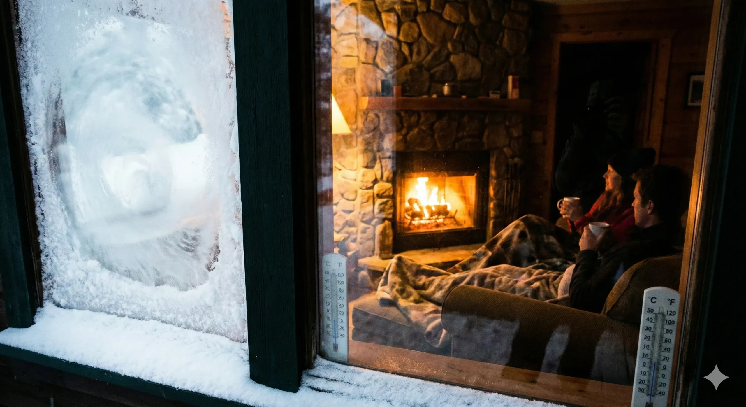 Window completely covered in snow with warm fire glow reflected in glass - Snowed In romance trope