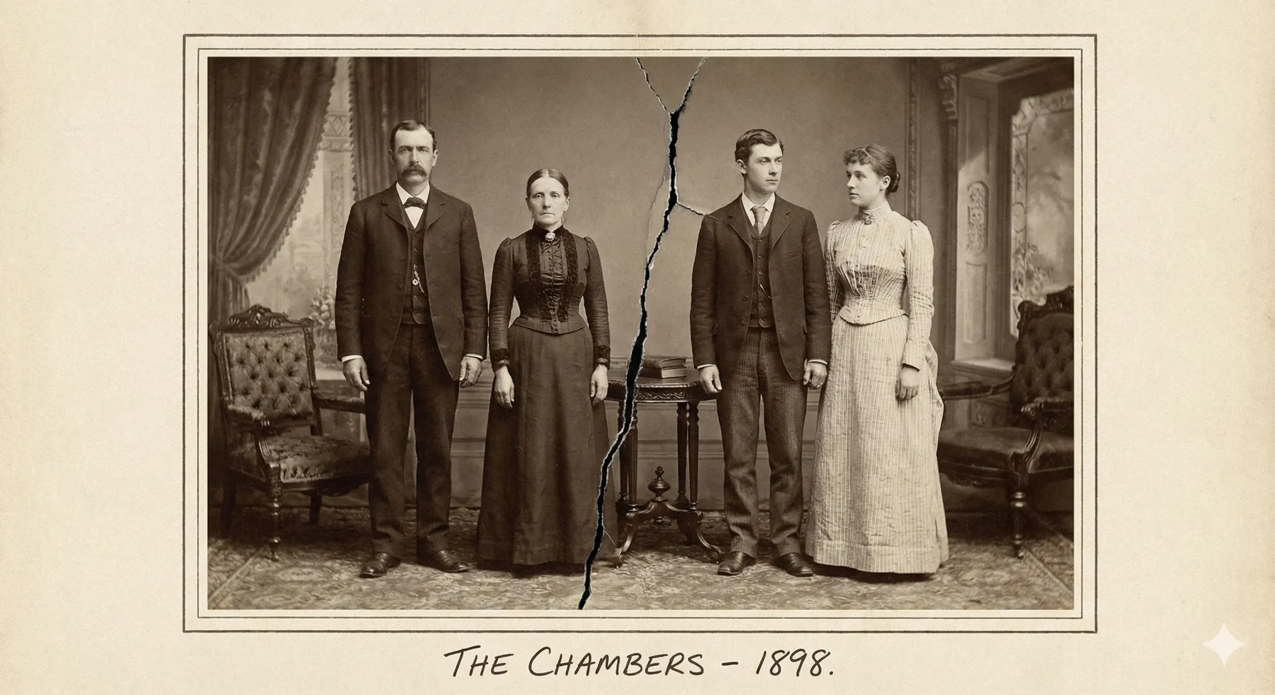 Family portrait with crack down the middle showing forbidden family tension - Stepbrother romance trope