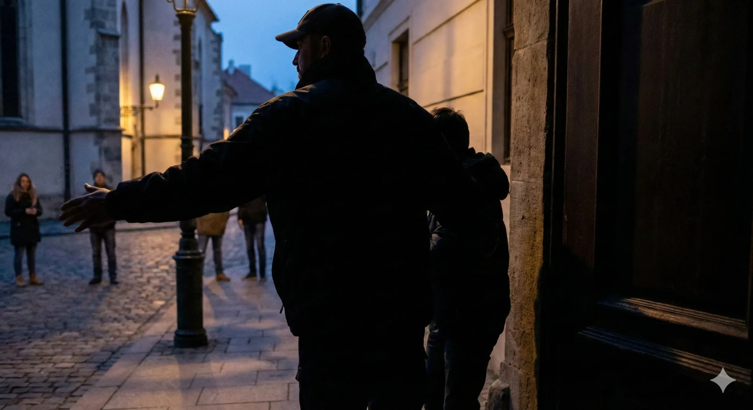 Protective masculine silhouette in doorway shielding someone behind him - Touch Her and Die romance trope