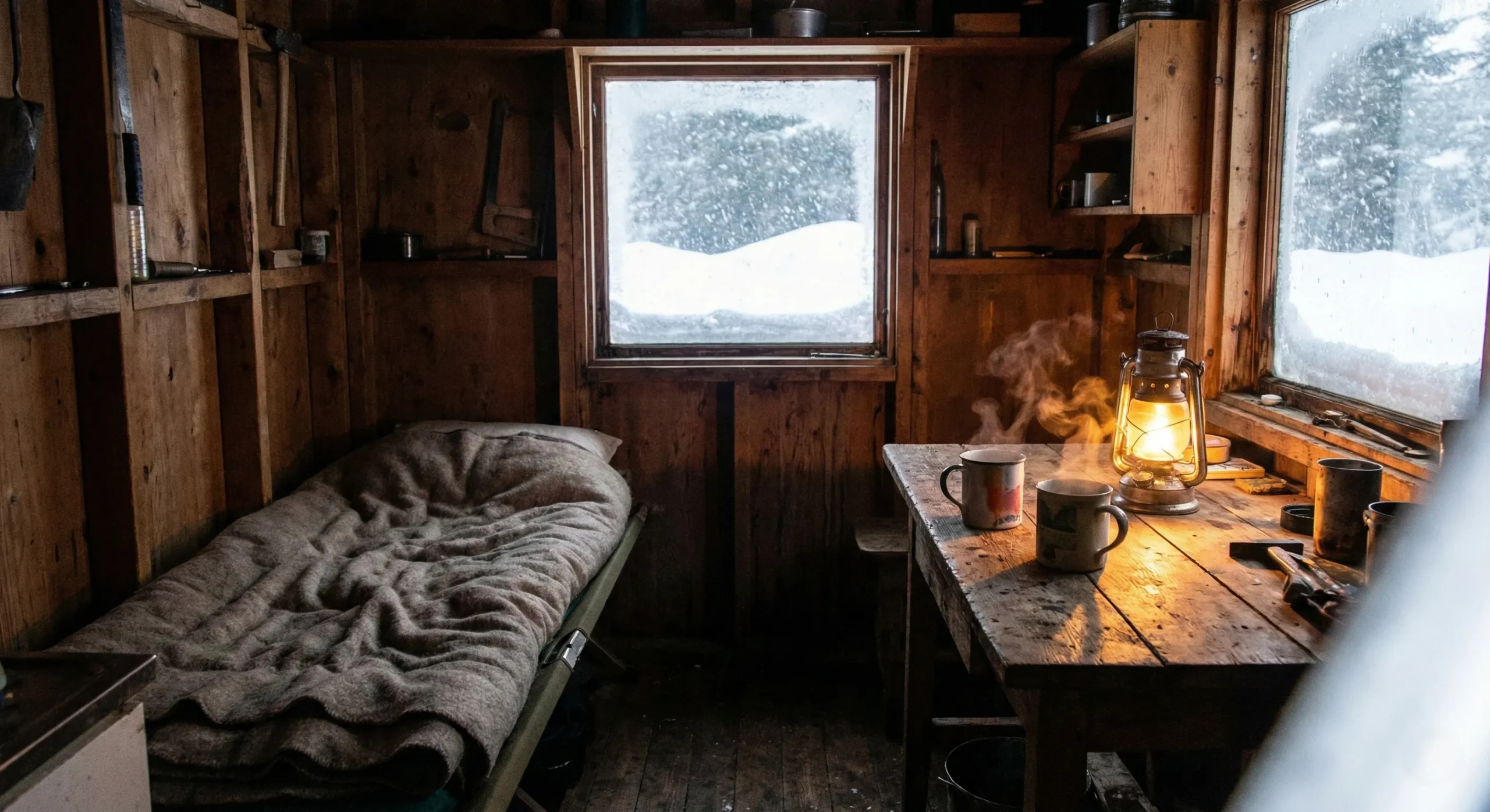 Tiny cabin interior during snowstorm with single bed and two coffee mugs - Forced Proximity romance trope