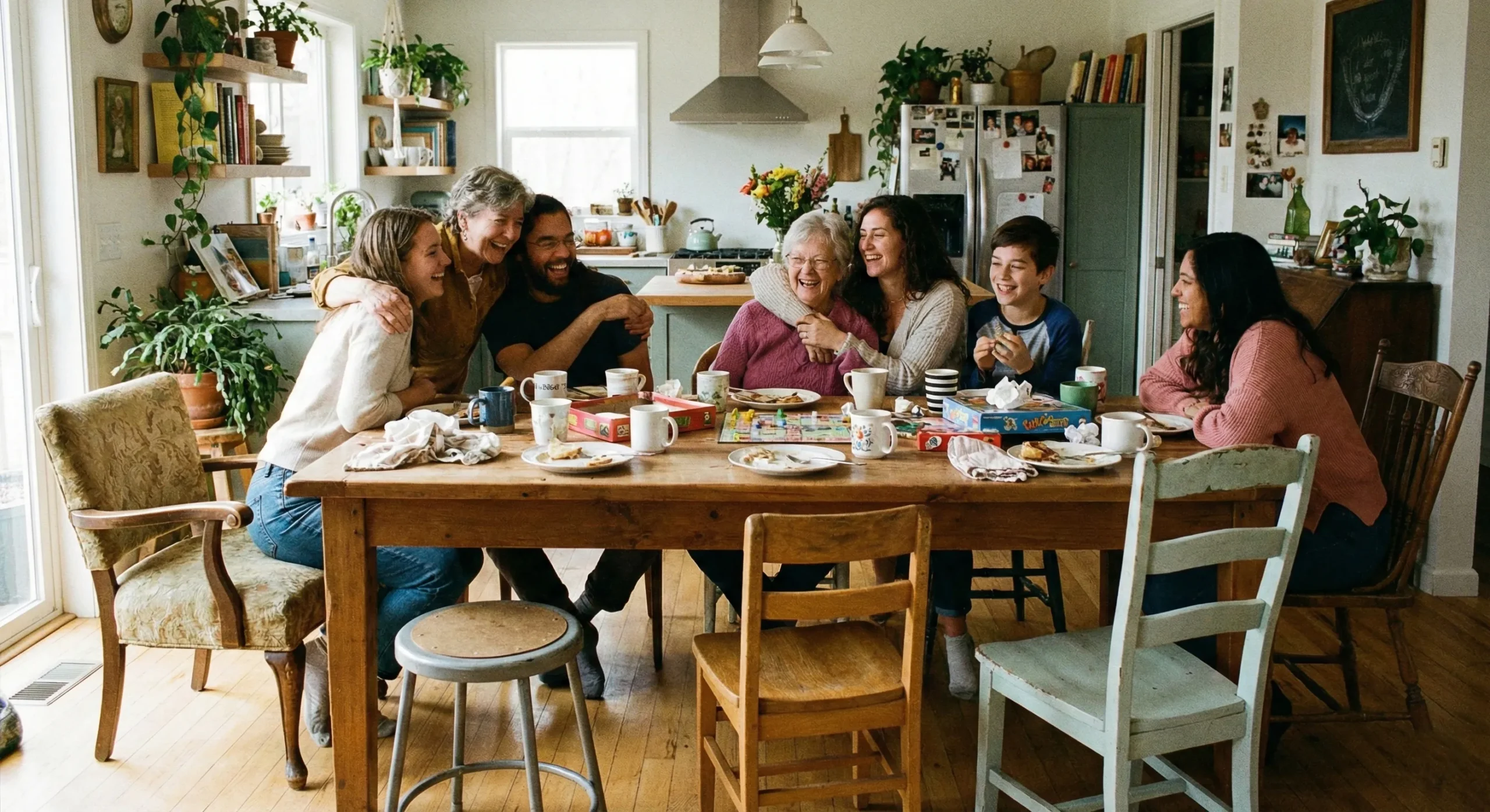 Mismatched chairs around large kitchen table with multiple coffee cups - Found Family romance trope