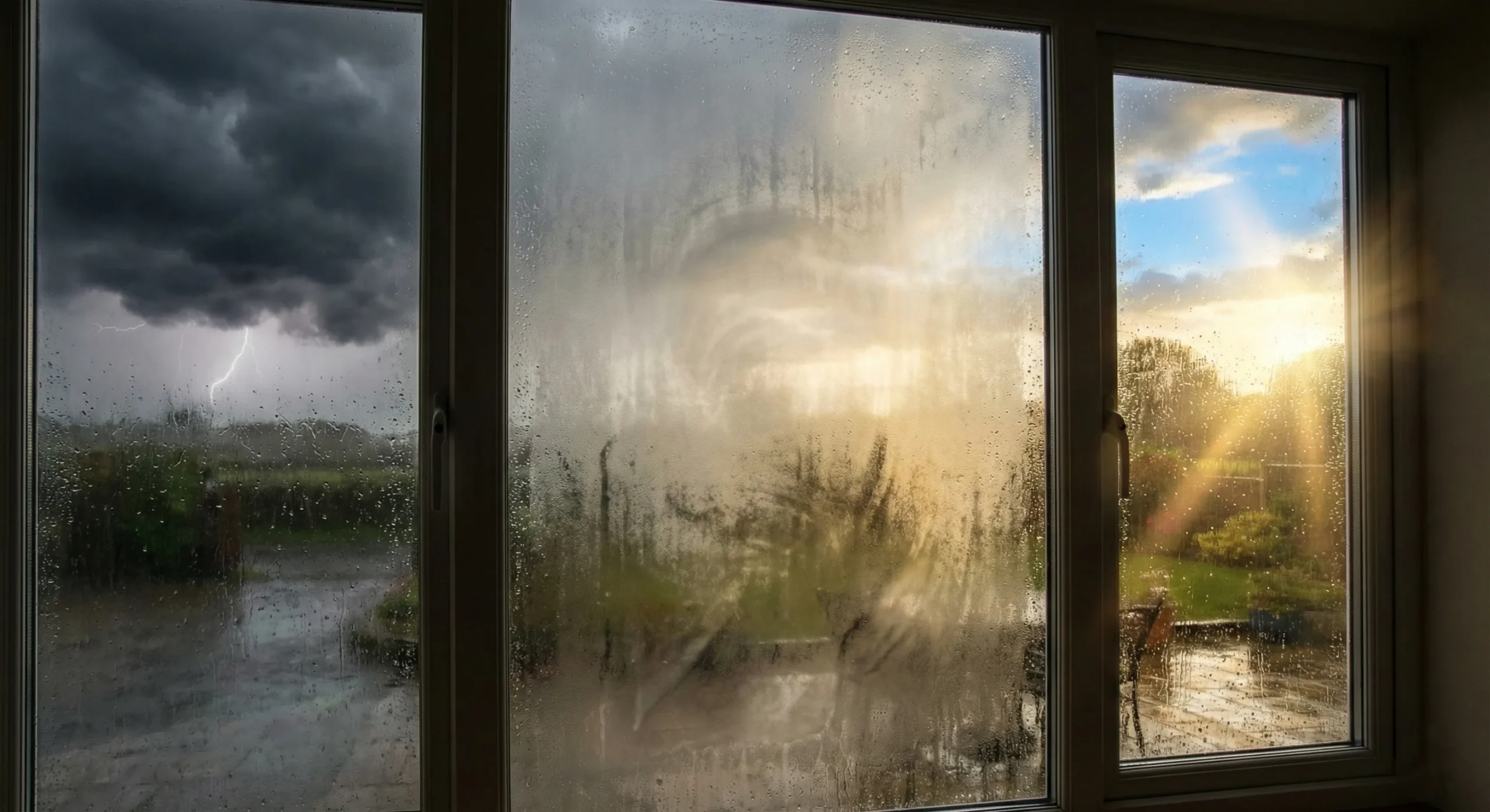 Rainy window with storm clouds on one side and sun breaking through on the other - Grumpy Sunshine romance trope