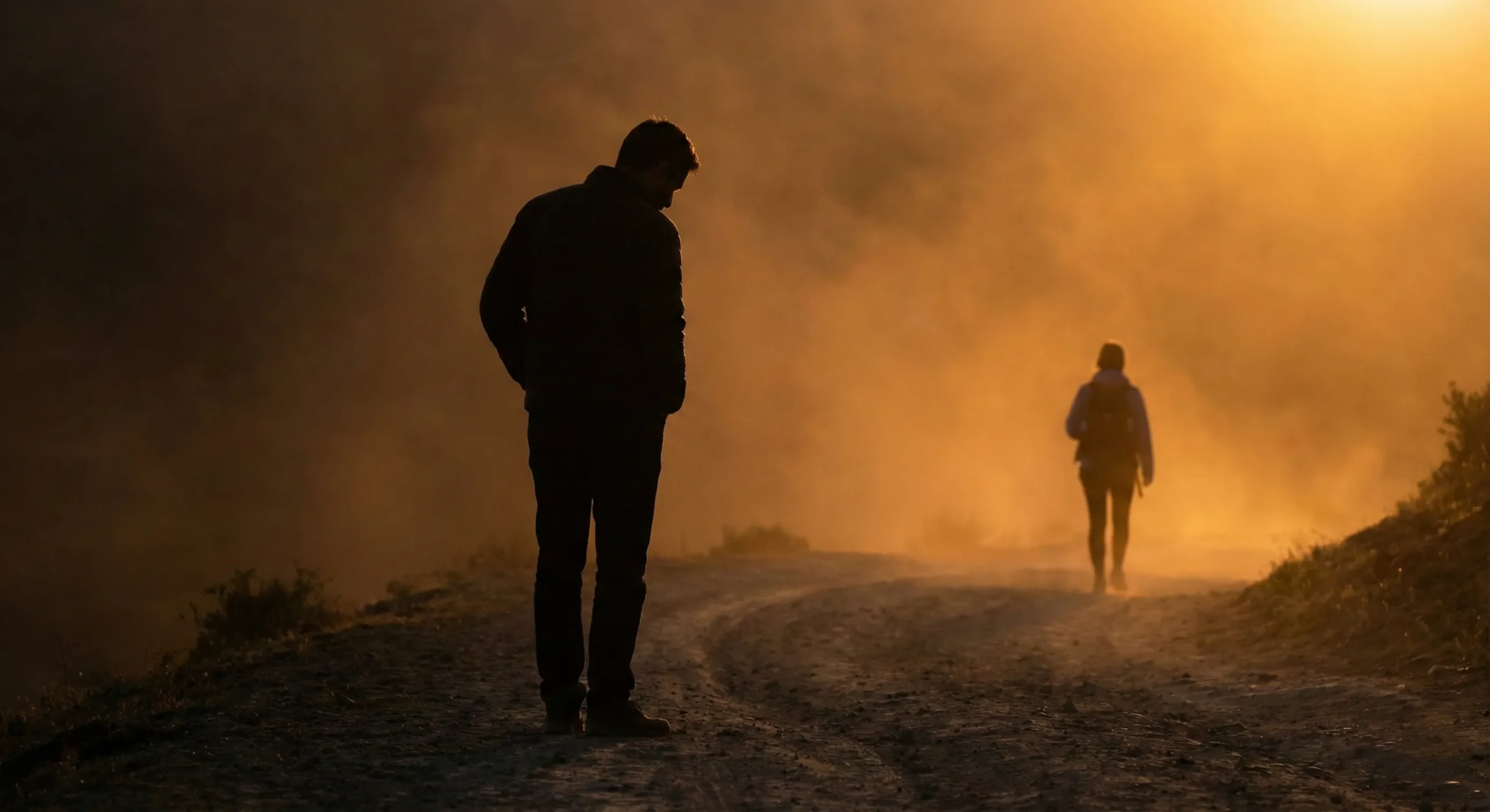 Man's silhouette watching someone walk away at sunset with longing - He Falls First romance trope