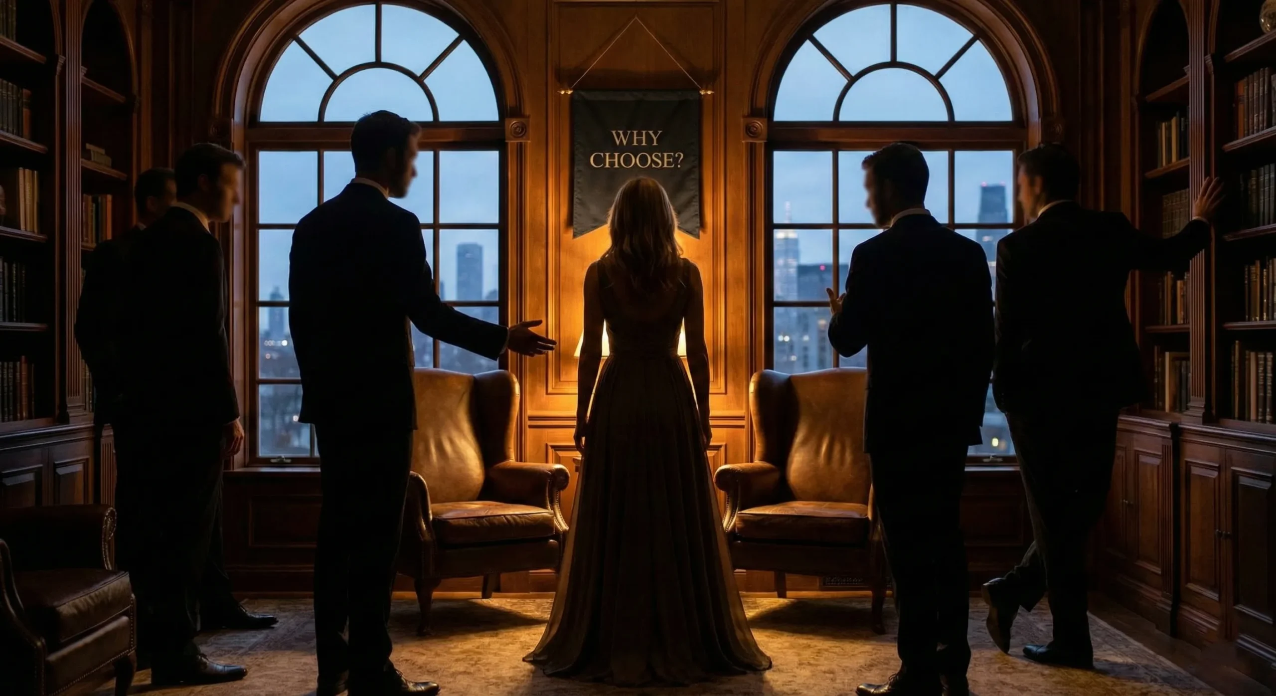 Elegant room with multiple masculine silhouettes surrounding single feminine figure - Reverse Harem romance trope