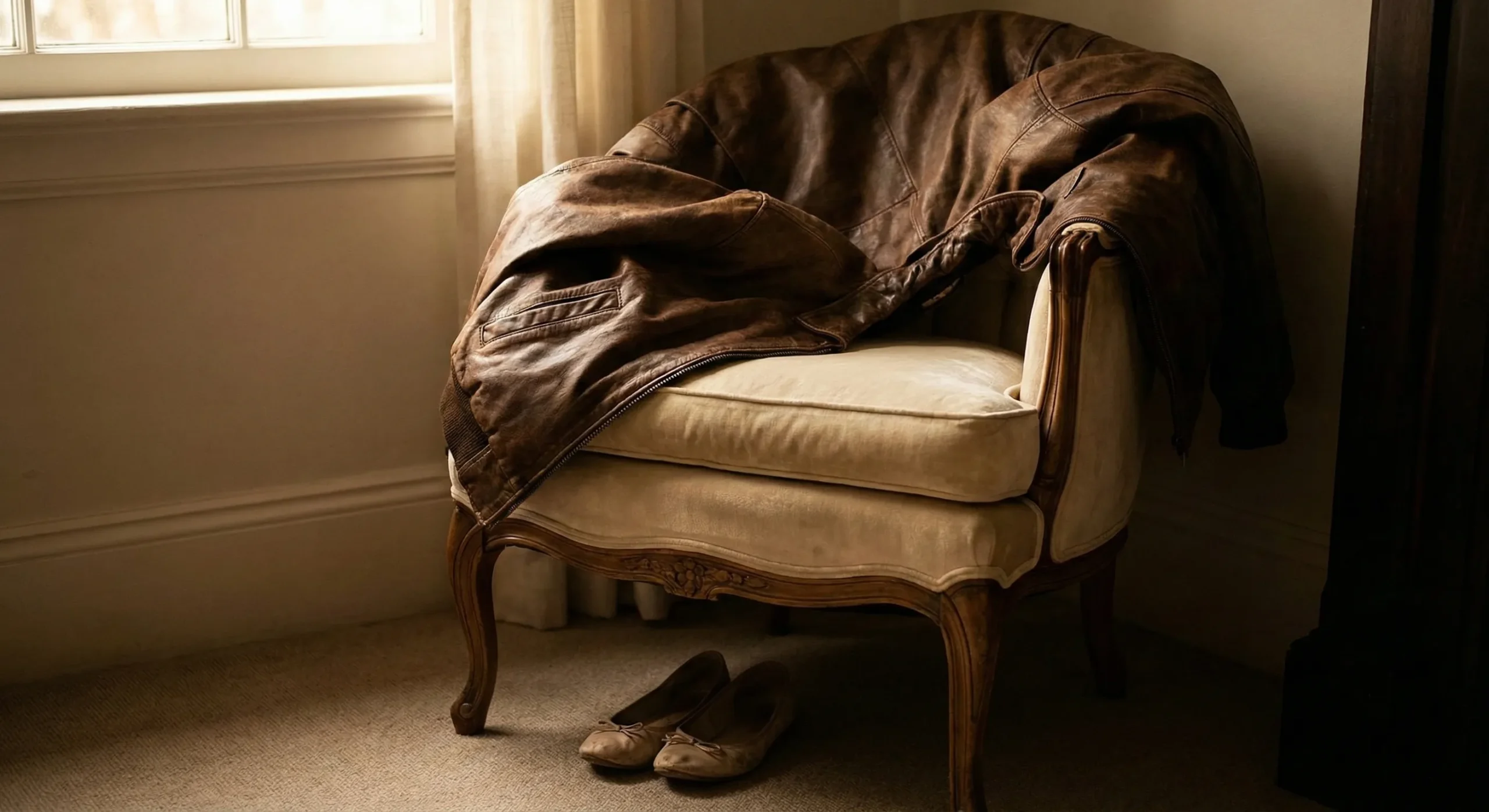 Oversized leather jacket draped over small chair showing intimate contrast - Size Difference romance trope