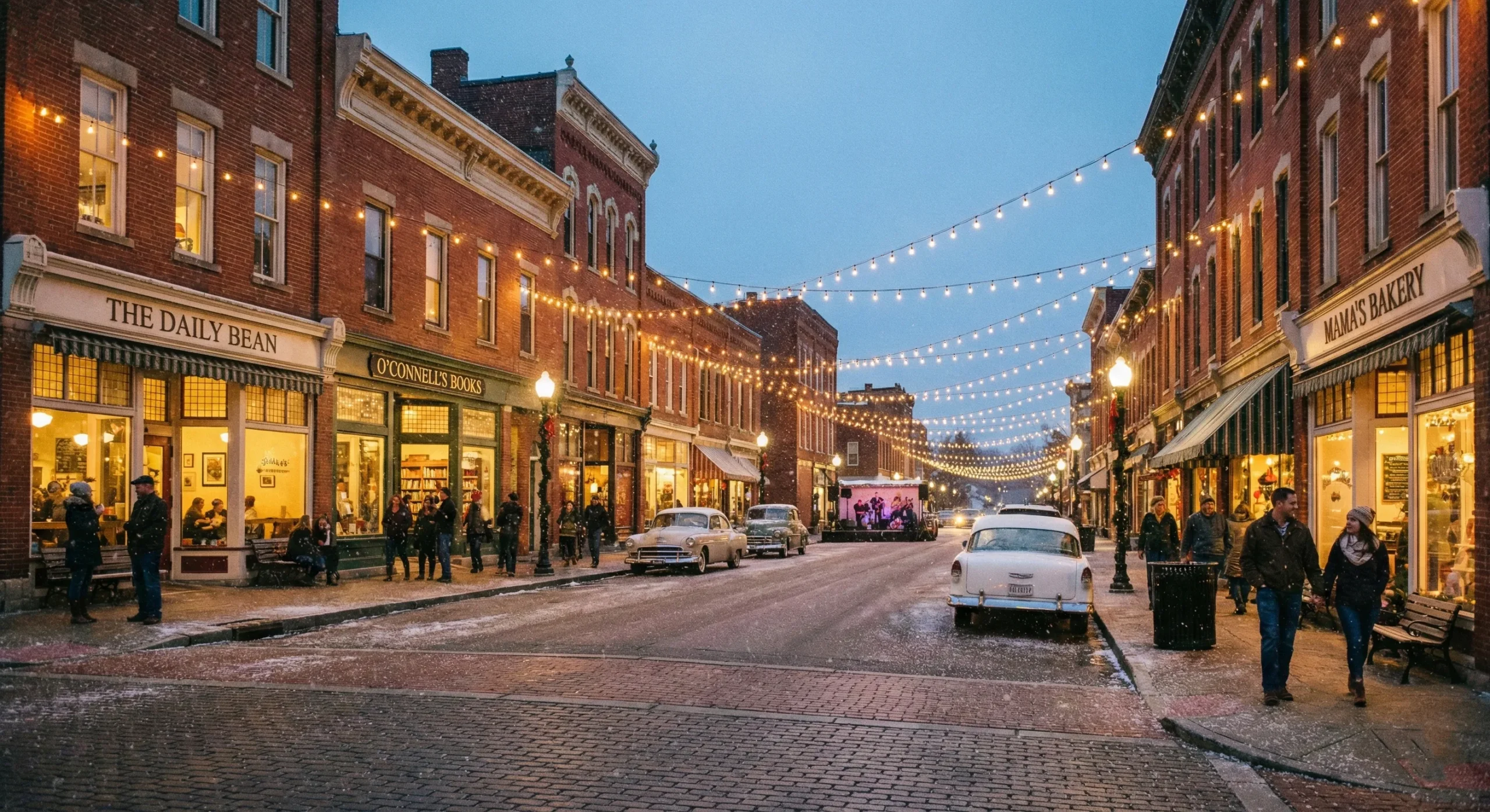 Charming main street at twilight with string lights between old buildings - Small Town romance trope