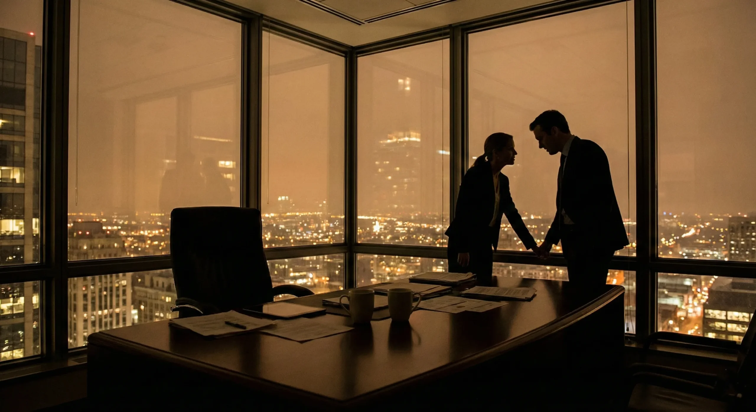 Corner office at night with city lights through floor-to-ceiling windows and two coffee cups - Workplace Romance trope