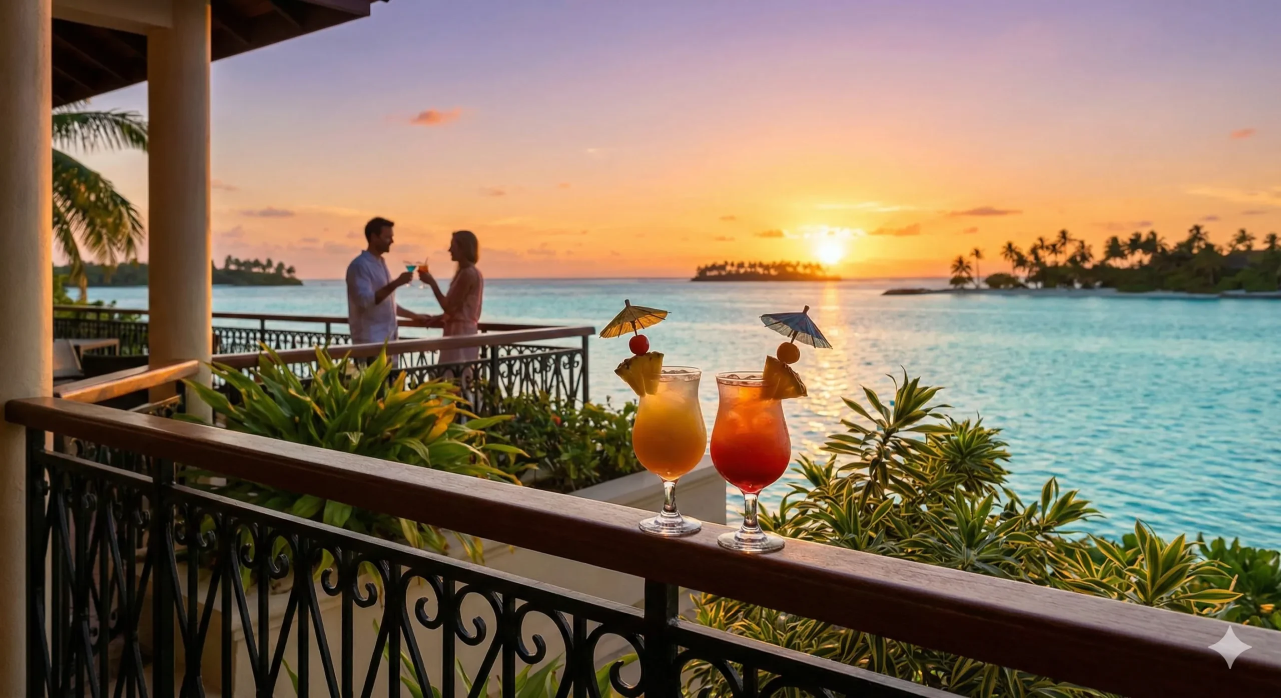 Tropical resort balcony at sunset with two cocktails on railing - Vacation Romance trope