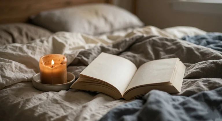 Open paperback book lying face-down on a rumpled bed beside a half-burned candle in warm golden light — post-reading romance aesthetic