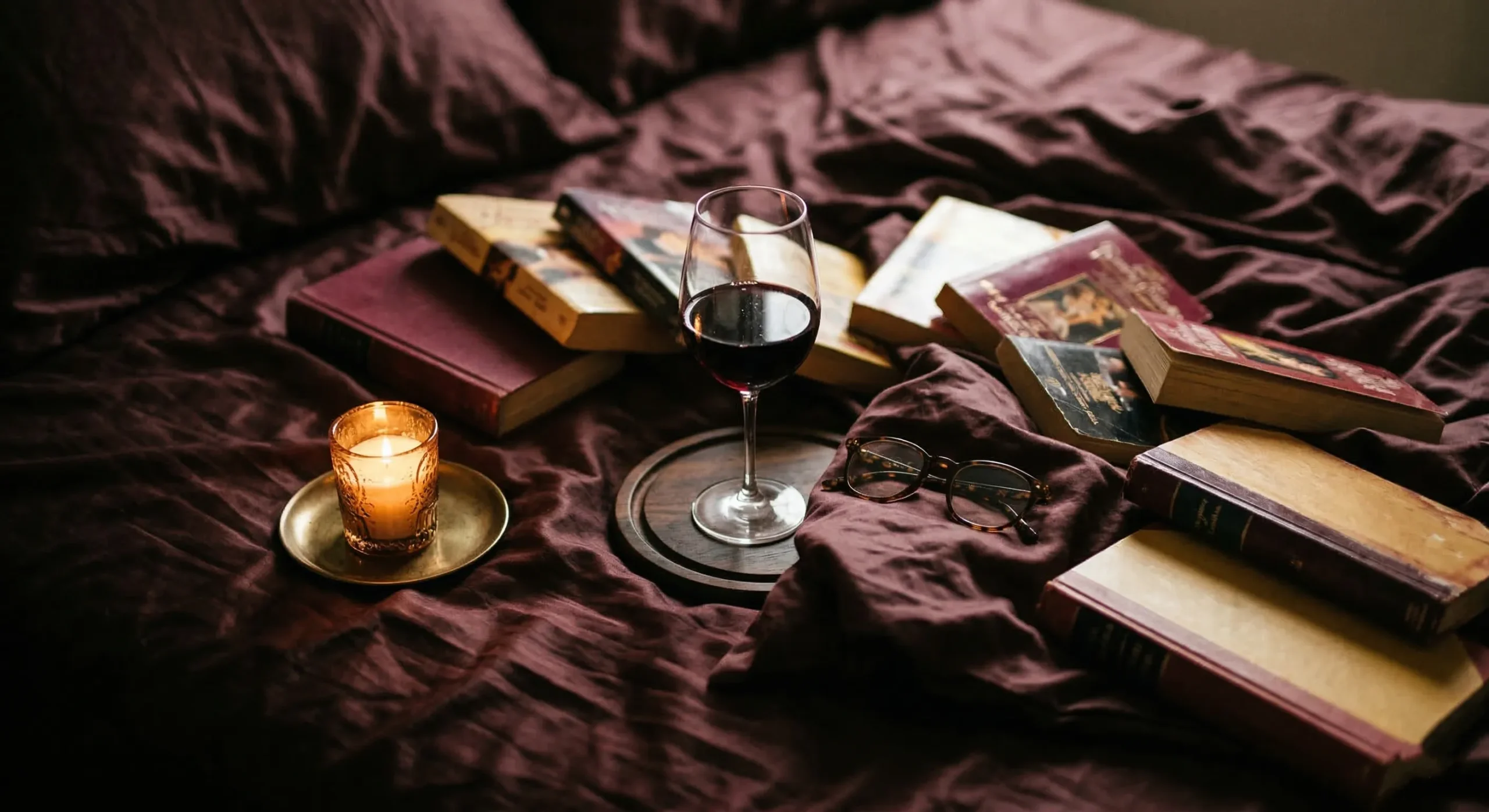 Moody flat lay of romance paperback books scattered on dark silk sheets with a glass of red wine and warm candlelight — best spicy romance books 2026