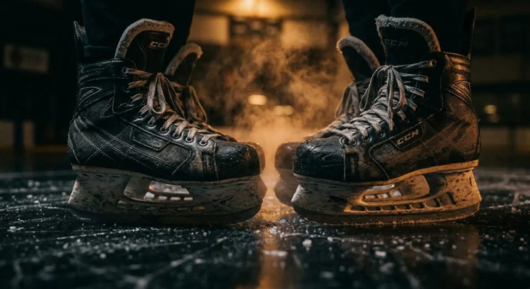 Close-up of two hockey skates on dark ice with steam rising and warm arena lighting — MM hockey romance books like Heated Rivalry