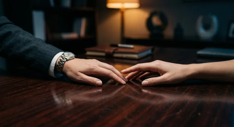 Two women's hands almost touching across a dark mahogany desk in moody office lighting — sapphic boss employee romance books