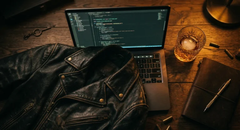 Leather motorcycle jacket draped over open laptop next to a whiskey tumbler on dark wood — biker romance and dark MM romance books