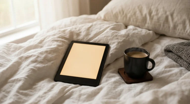 E-reader glowing on white linen bedsheets beside a steaming cup of coffee in soft morning light — romance reading aesthetic