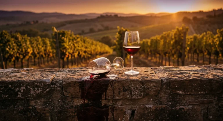 Two wine glasses on a rustic stone vineyard wall at golden hour with one glass spilling red wine — enemies to lovers romance books