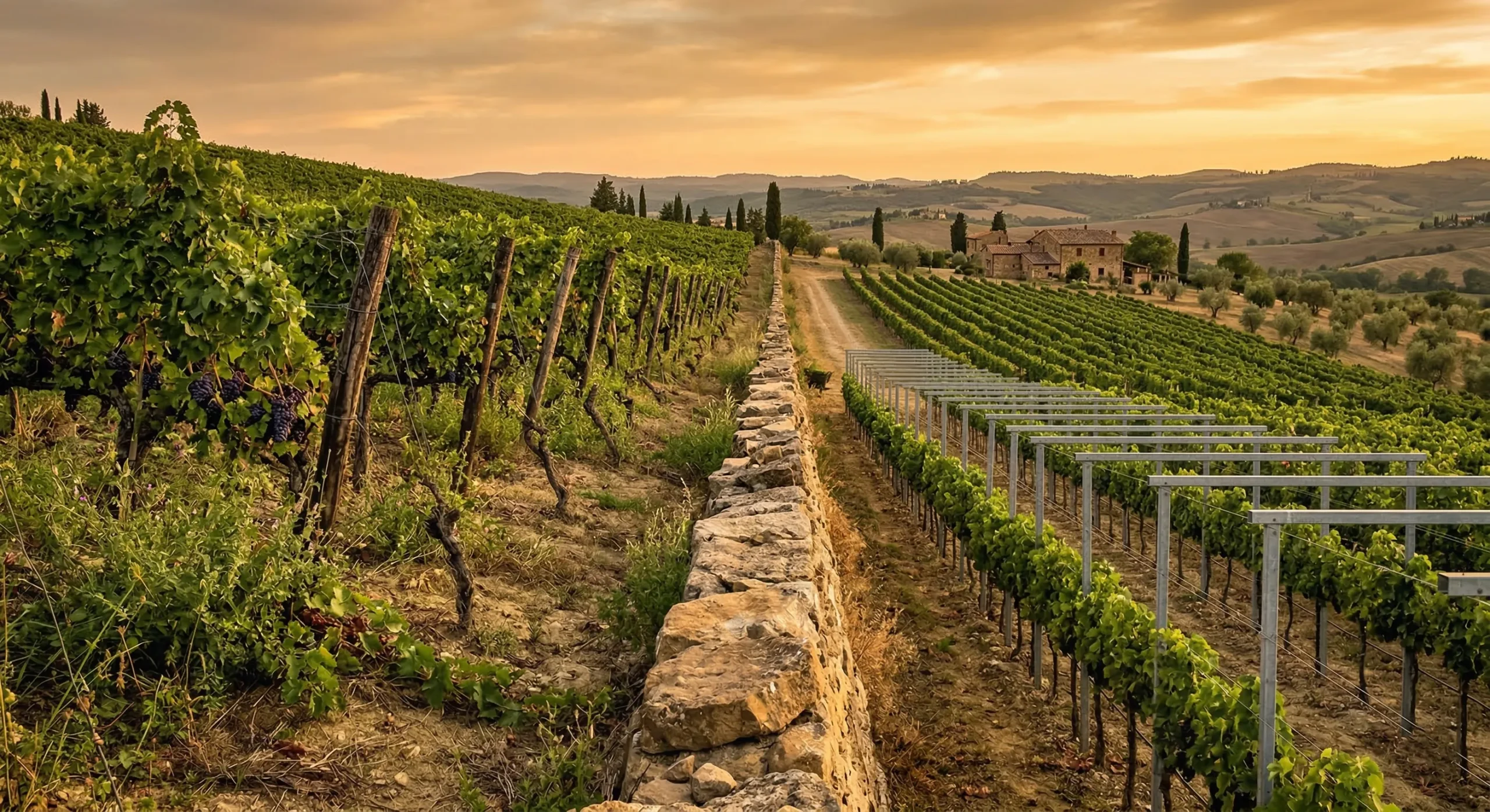 Two opposing vineyards meeting at a stone wall — enemies to lovers wine country