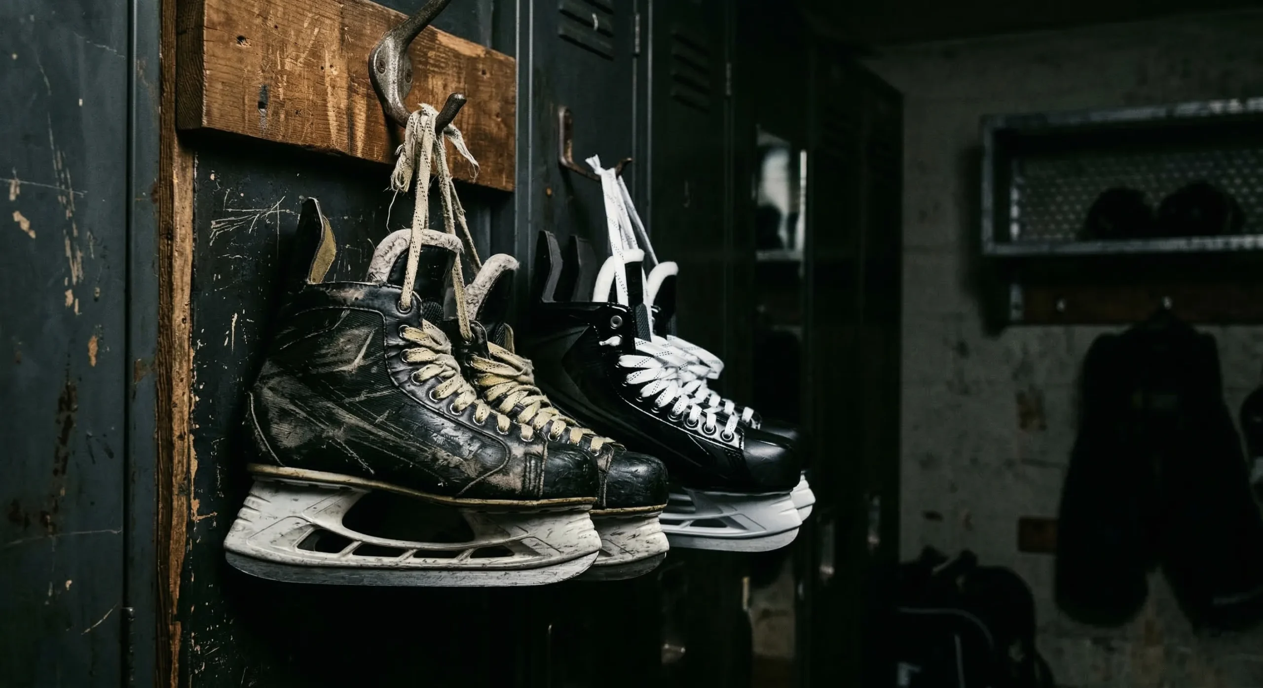 Two pairs of hockey skates hanging in locker room — rivals to lovers