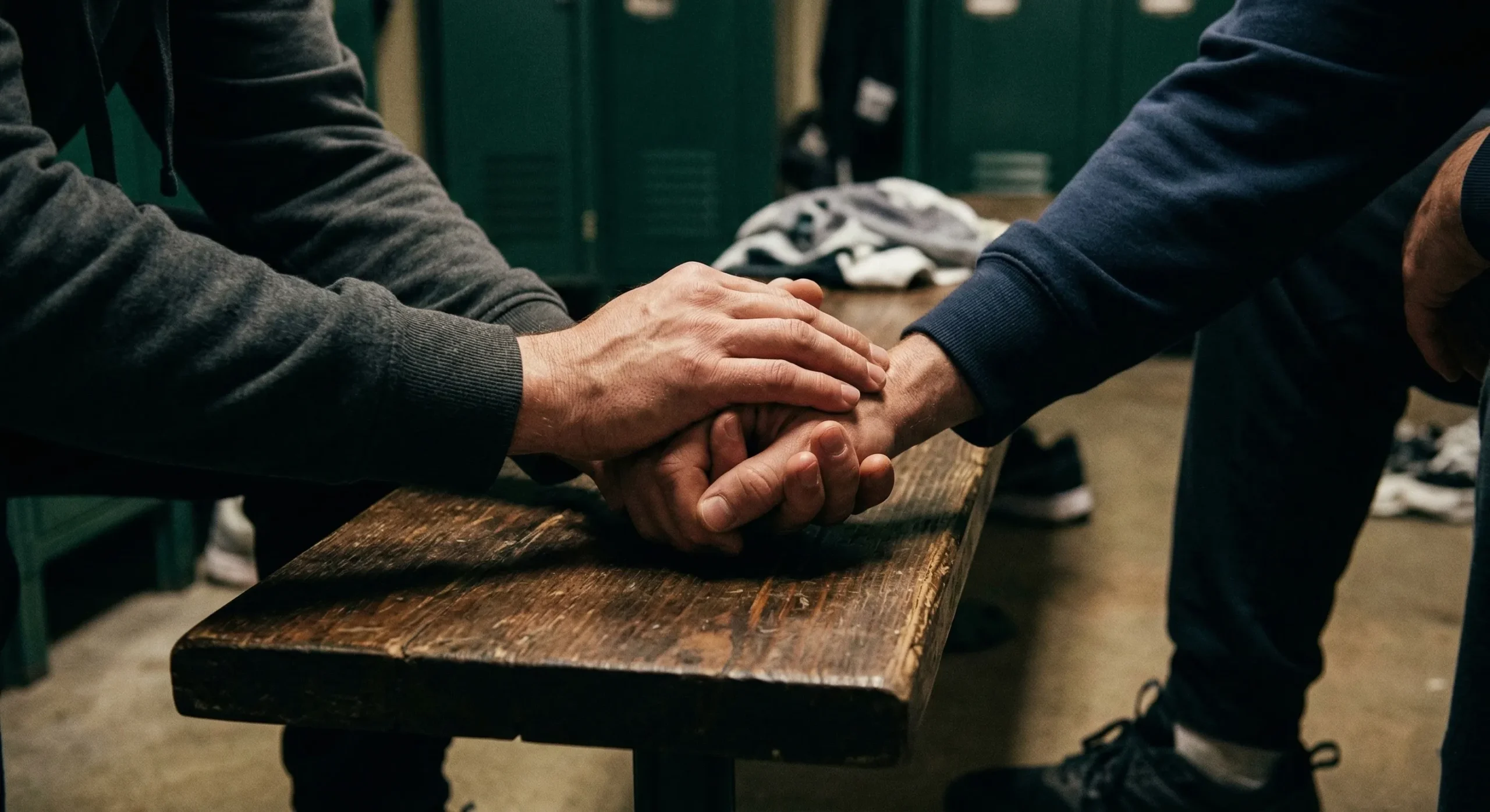 Intimate hockey romance - two hands gripping on locker room bench