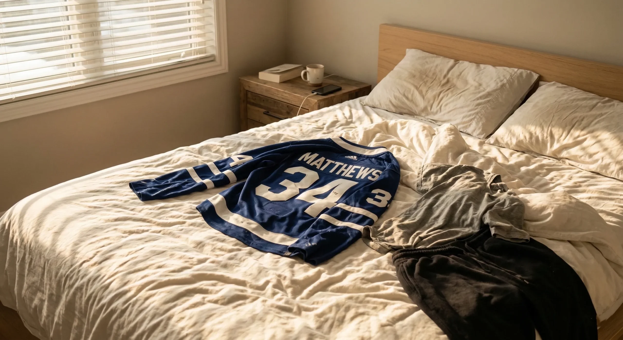 Morning after hockey romance - rumpled sheets with hockey jersey