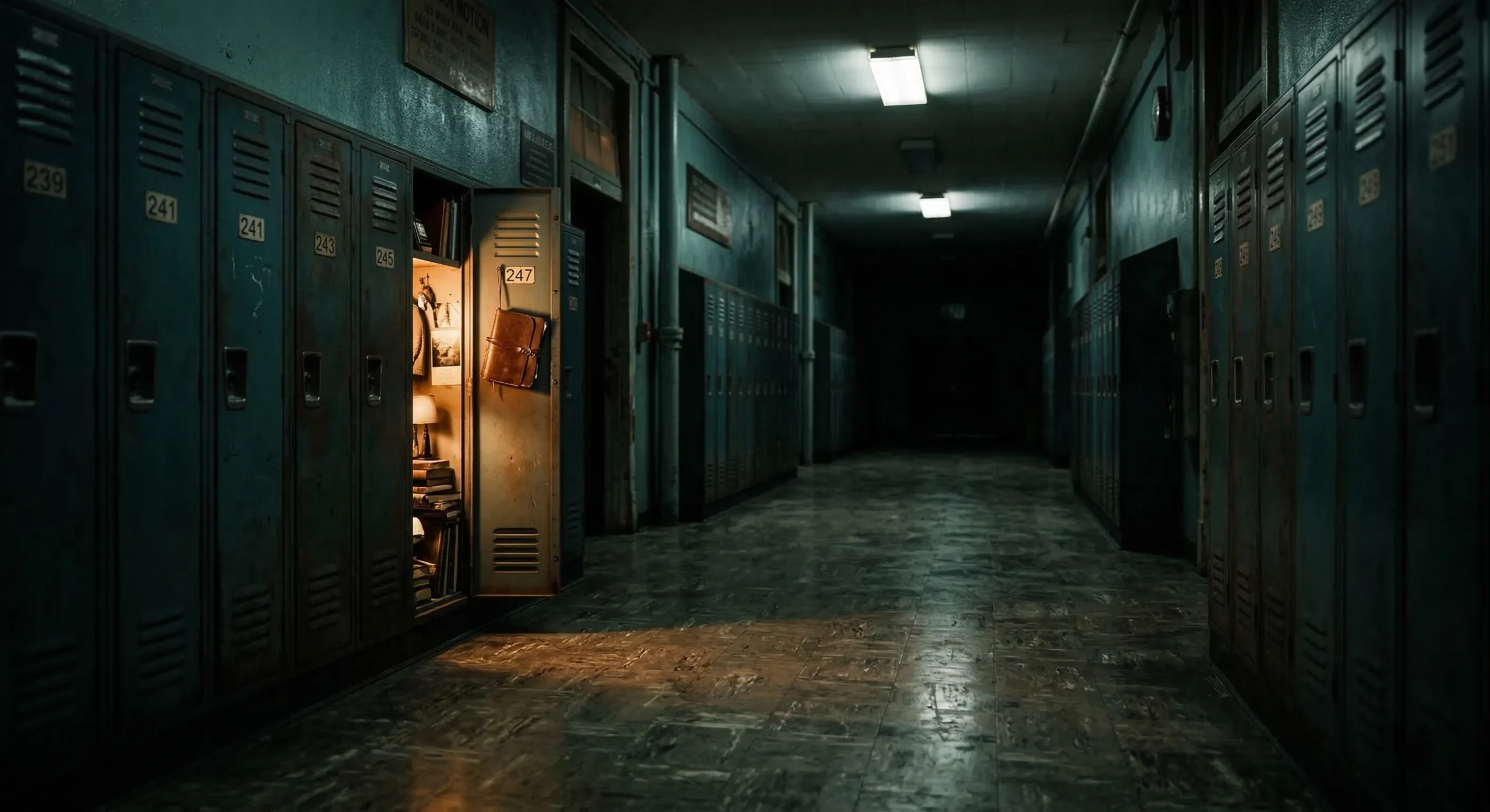 Dark school hallway with moody lighting and lockers — bully romance aesthetic