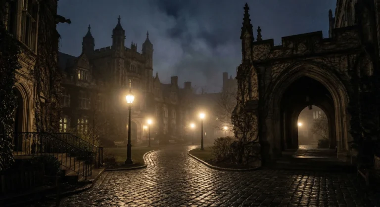 Gothic university at night with fog and iron gates — dark academia bully romance