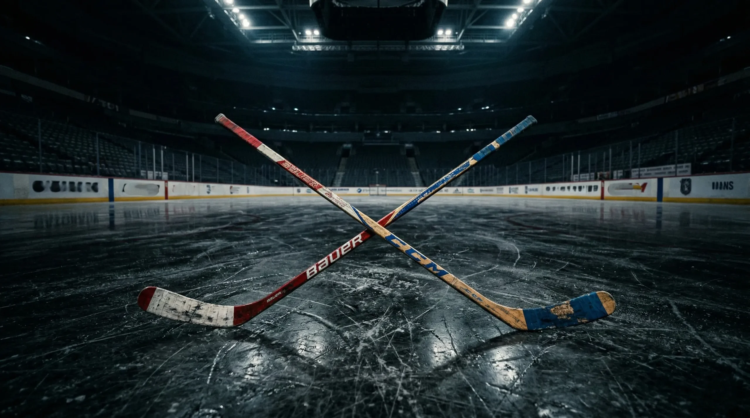 Two hockey sticks crossed on dark ice under dramatic arena lighting - best hockey romance books enemies to lovers