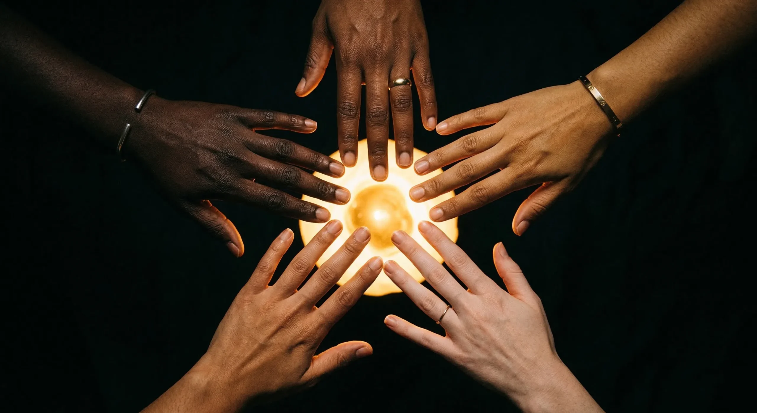 Multiple hands reaching toward warm light — why choose romance concept