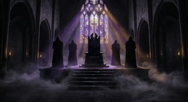 Dark fantasy throne room with shadowy figures — romantasy why choose aesthetic