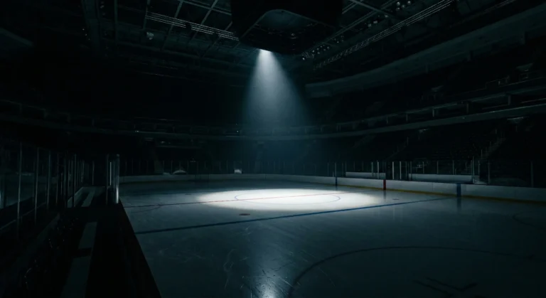 Empty hockey rink at night with single spotlight on center ice - why hockey is the perfect sport for enemies to lovers romance