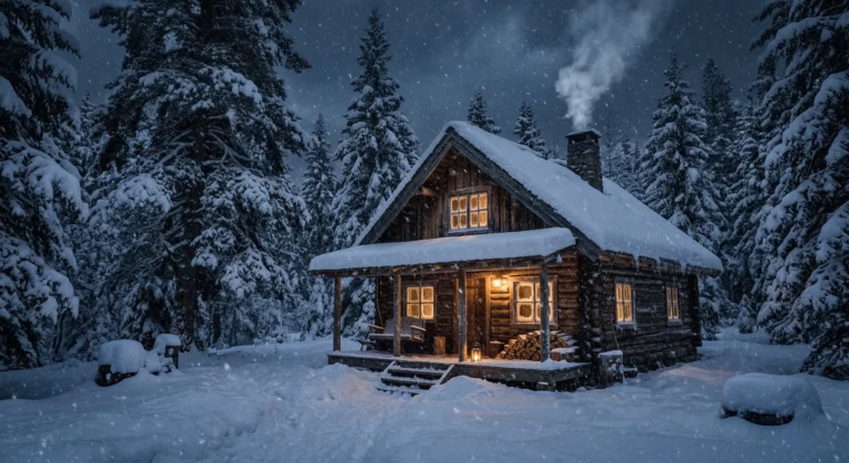 Cozy cabin in heavy snowfall with warm golden windows — snowed in romance