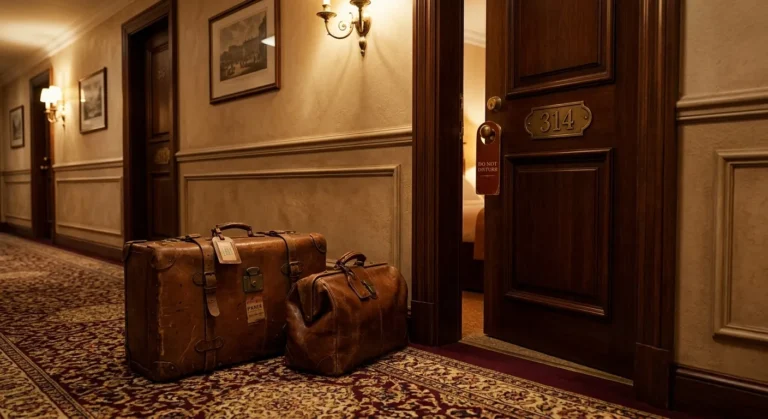 Two vintage suitcases outside a hotel room door — travel romance forced proximity