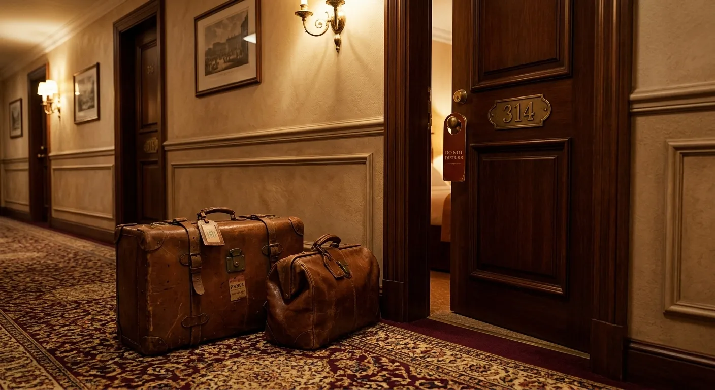 Two vintage suitcases outside a hotel room door — travel romance forced proximity