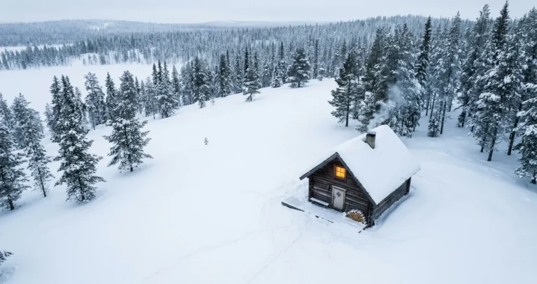Snow-covered cabin with single glowing window — forced proximity romance