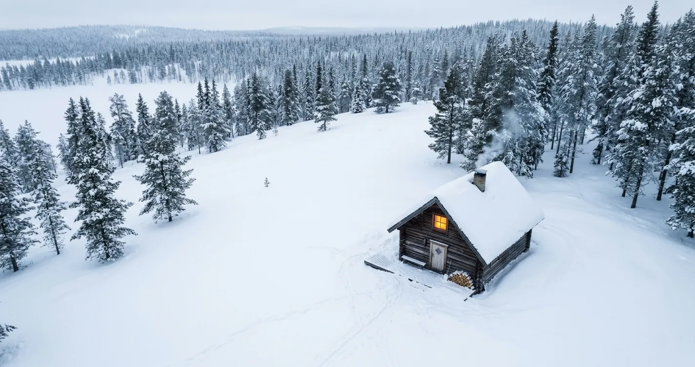 Snow-covered cabin with single glowing window — forced proximity romance