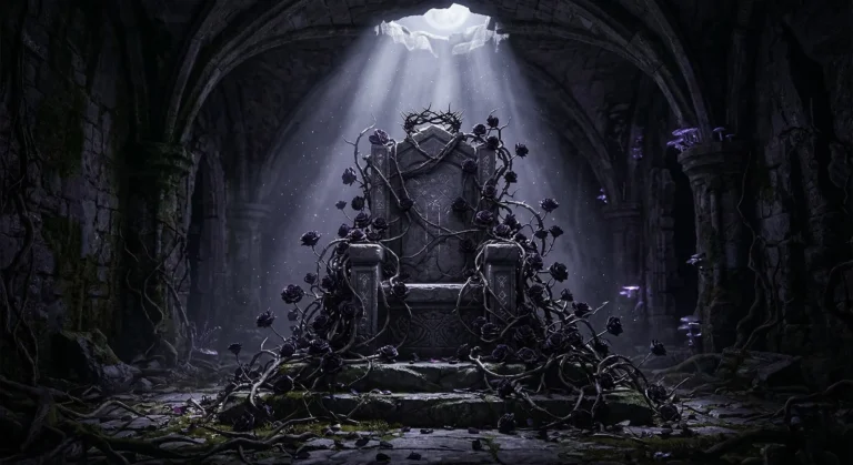 Dark throne overgrown with thorny vines and moonlight — fae court romantasy