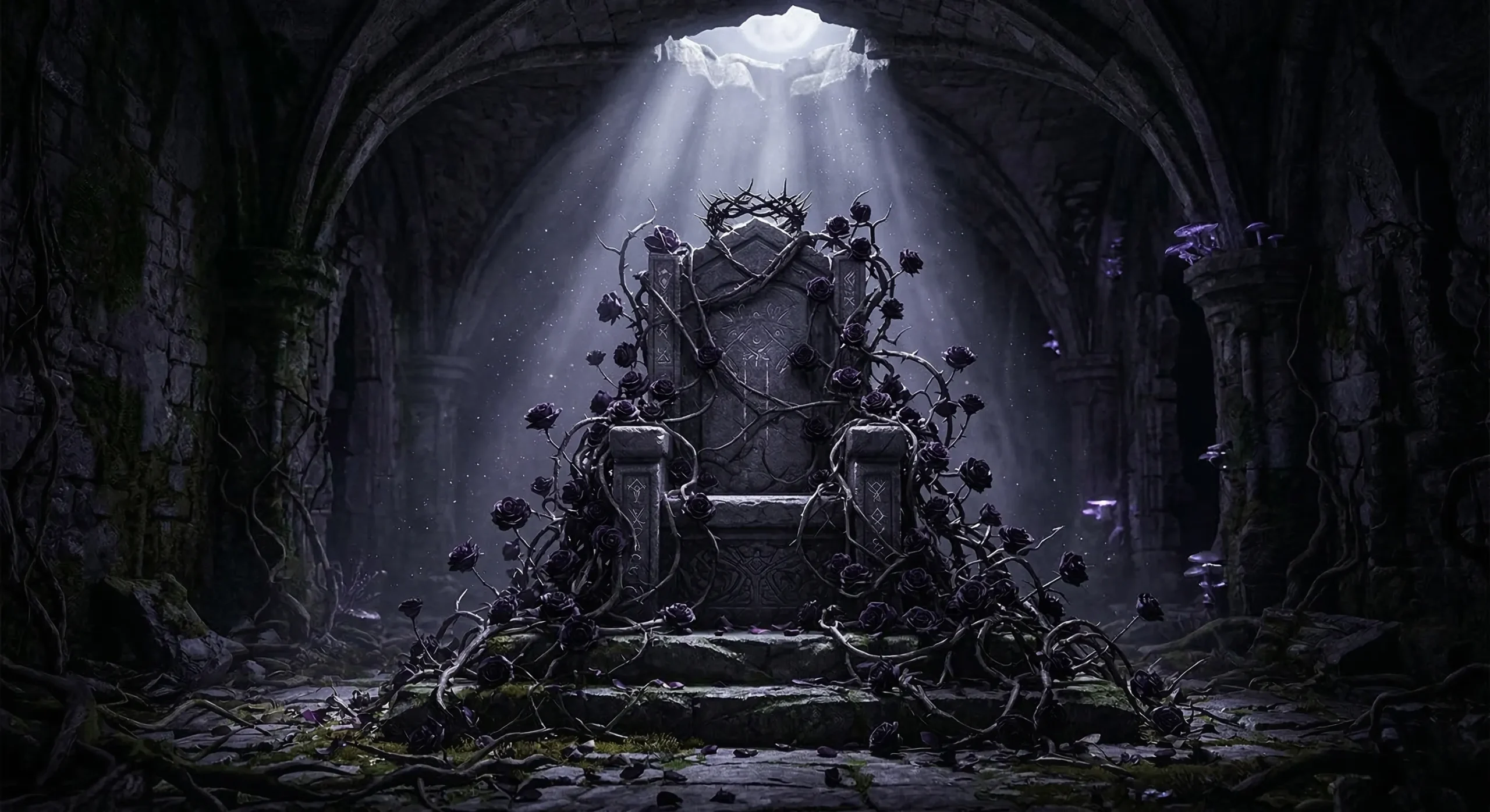 Dark throne overgrown with thorny vines and moonlight — fae court romantasy