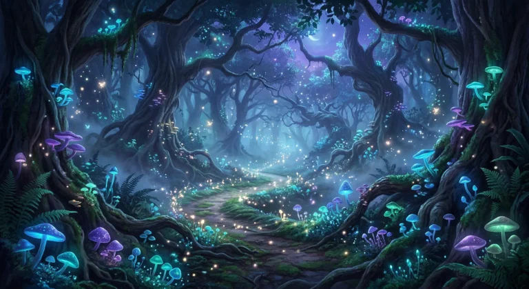 Enchanted bioluminescent forest with ethereal light — fae romance books like ACOTAR