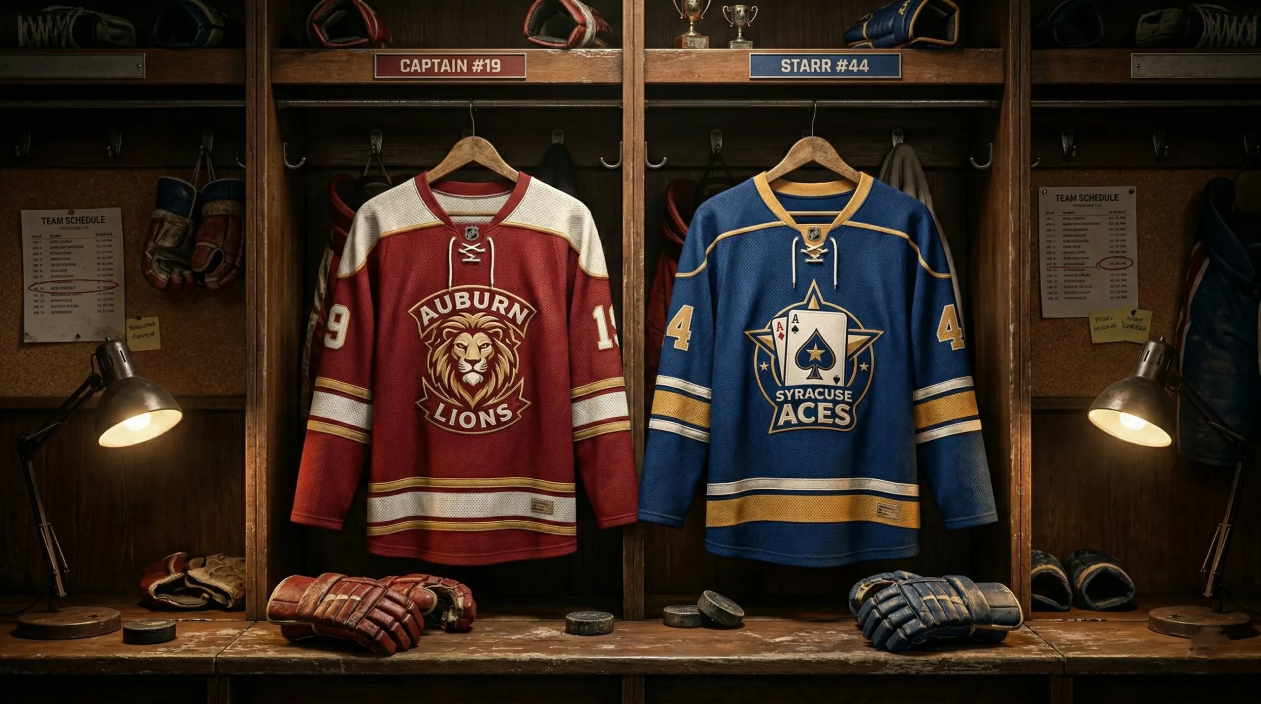 Two hockey jerseys hanging side by side in dim locker room with rival team colors - MM hockey enemies to lovers romance recommendations
