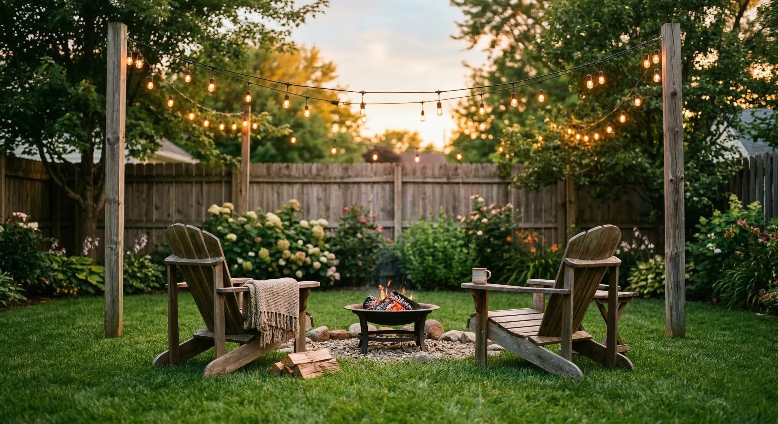 Summer backyard with string lights and two Adirondack chairs at golden hour — brother's best friend romance pining