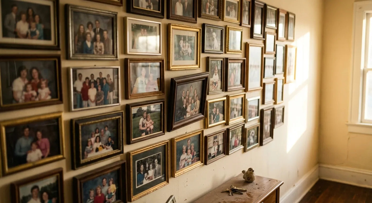 Hallway with framed family photos in warm afternoon light — forbidden romance longing