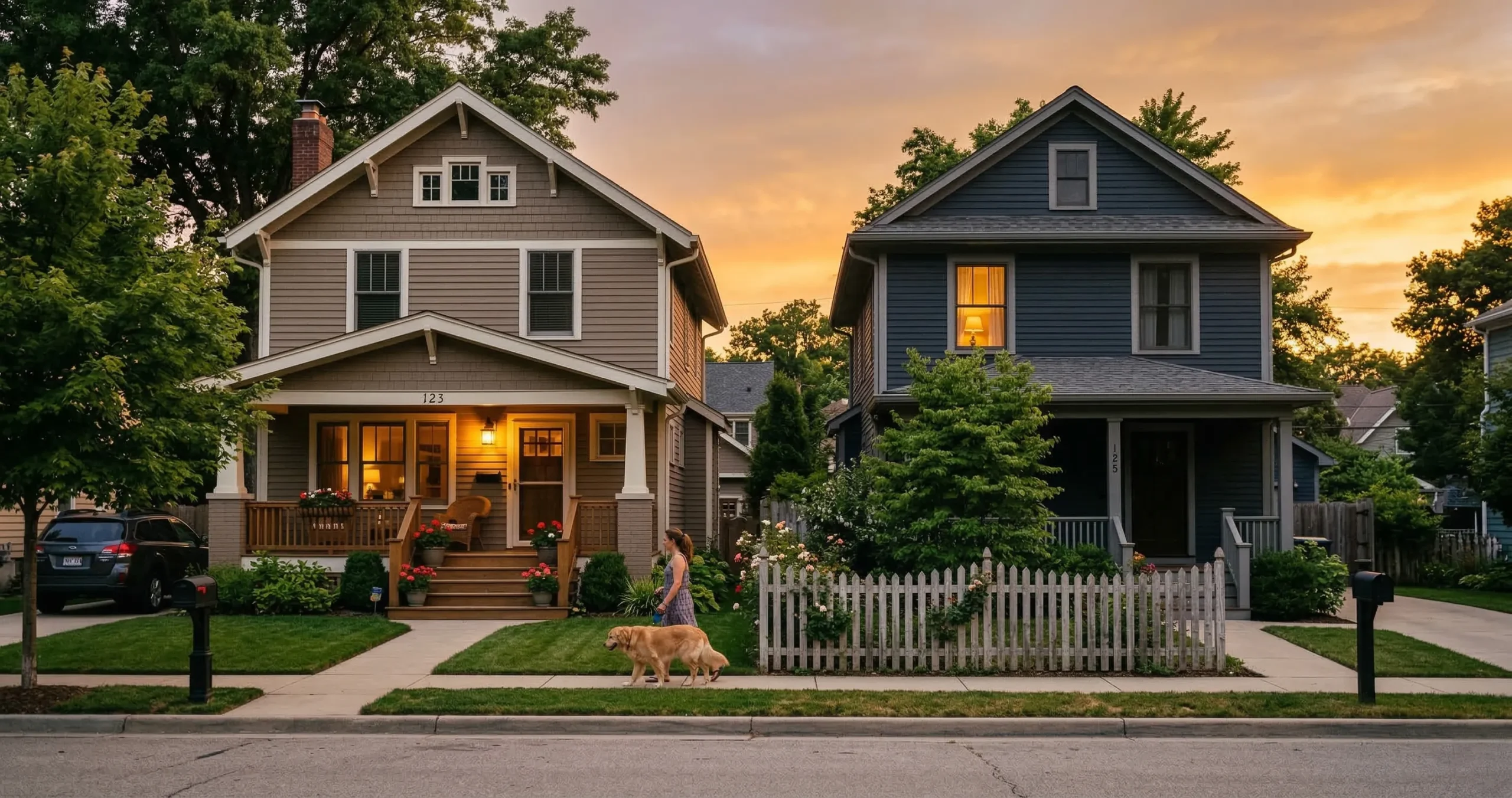 Two houses side by side at golden hour with fence between them — brother's best friend romance