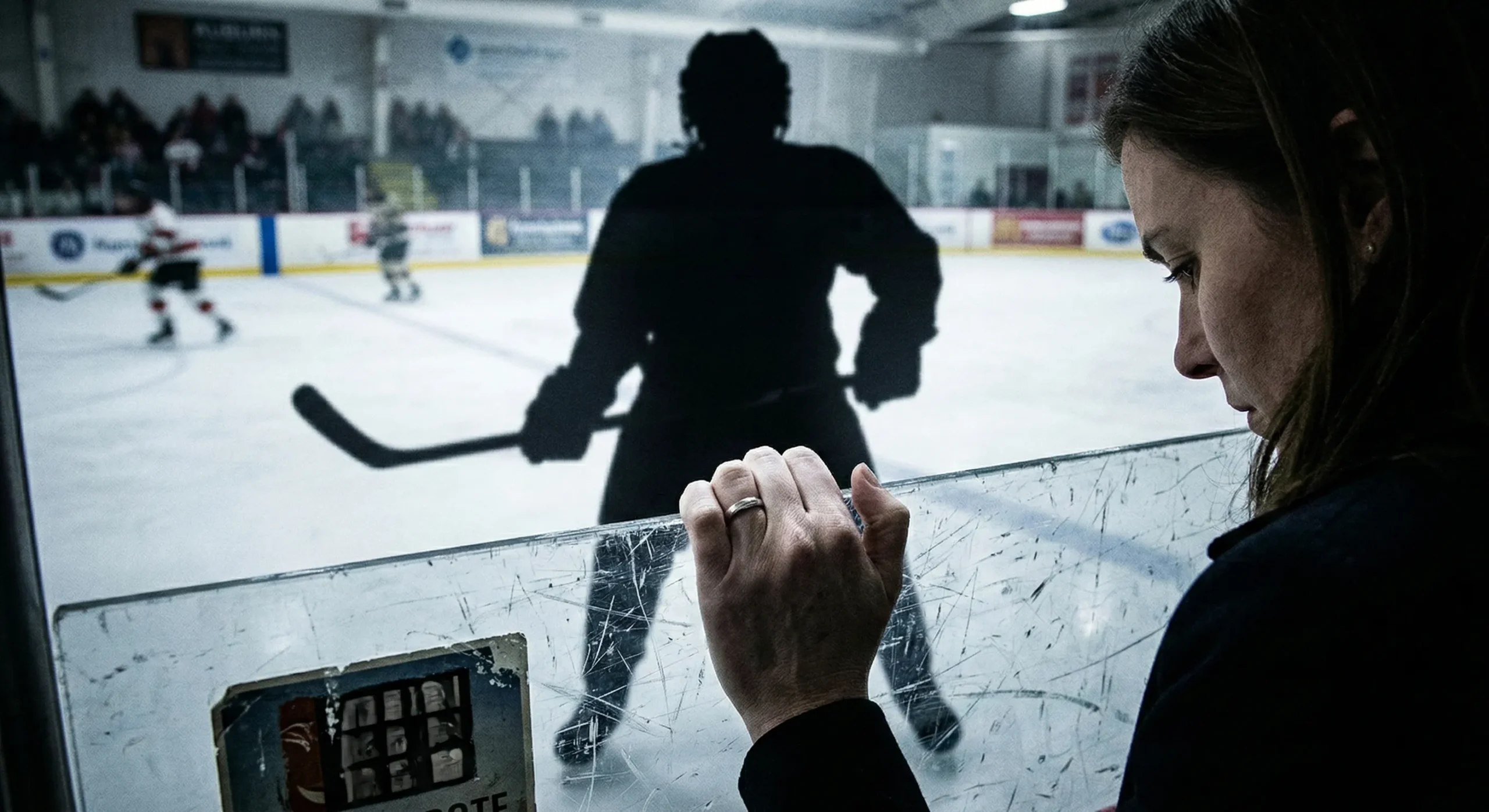 Woman hand gripping hockey boards with player shadow looming behind on ice - MF hockey enemies to lovers romance tension