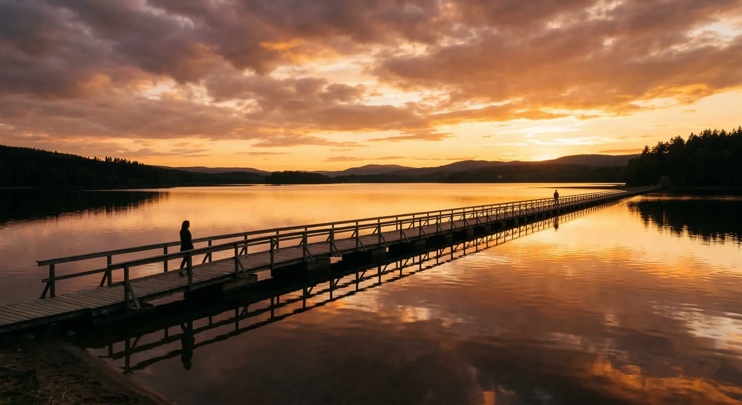 Two silhouettes on opposite ends of a bridge at golden hour — second chance romance