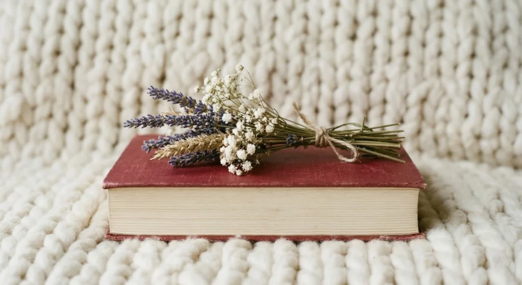 Open book with dried wildflowers on a cozy knit blanket — healing romance reading